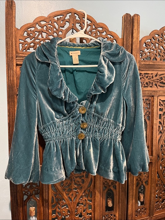 elevenses Jackets & Blazers - elevenses Teal Velvet Ruffled Peplum Jacket
